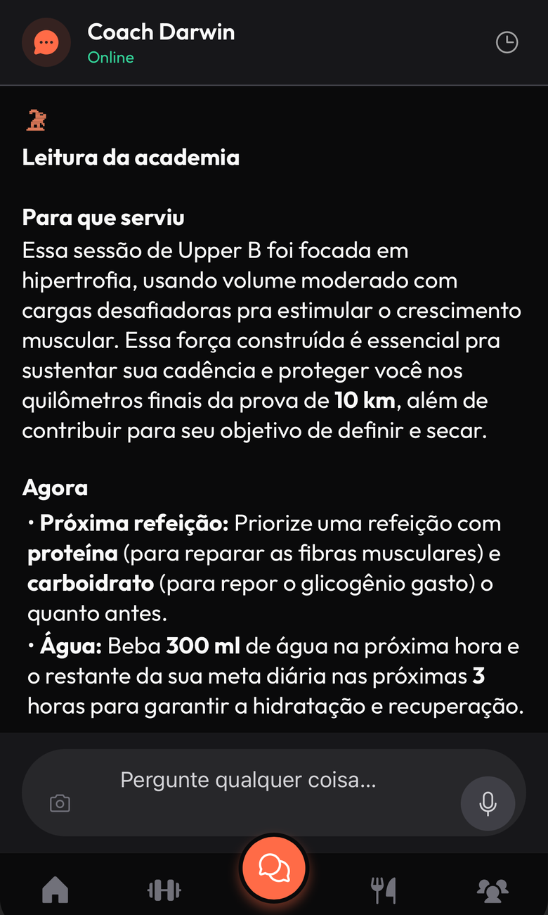 Chat do Coach Darwin no celular, com a leitura de uma sessão de musculação Upper B