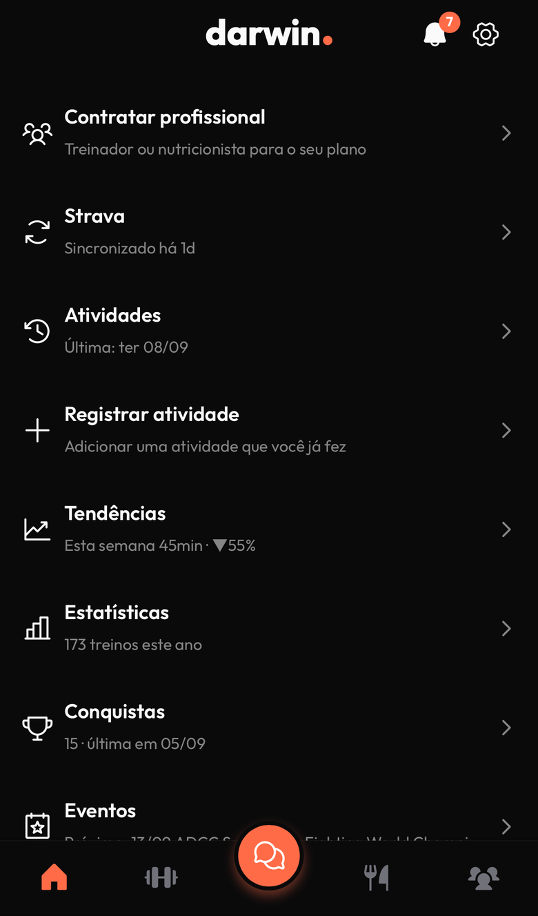 Hub de treino do Darwin no celular, com a sessão do dia e o histórico da semana