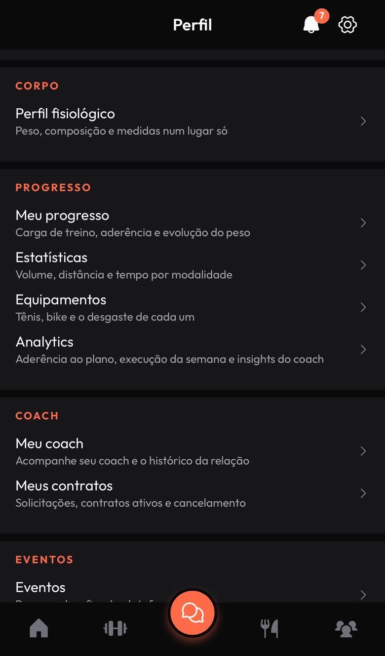 Tela de perfil do Darwin, com as seções Corpo, Progresso, Coach e Eventos