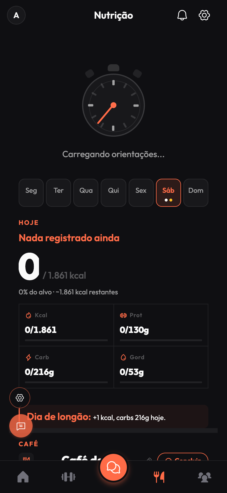 Aba Nutrição do Darwin, mostrando o plano alimentar ativo com meta de calorias e macros do dia