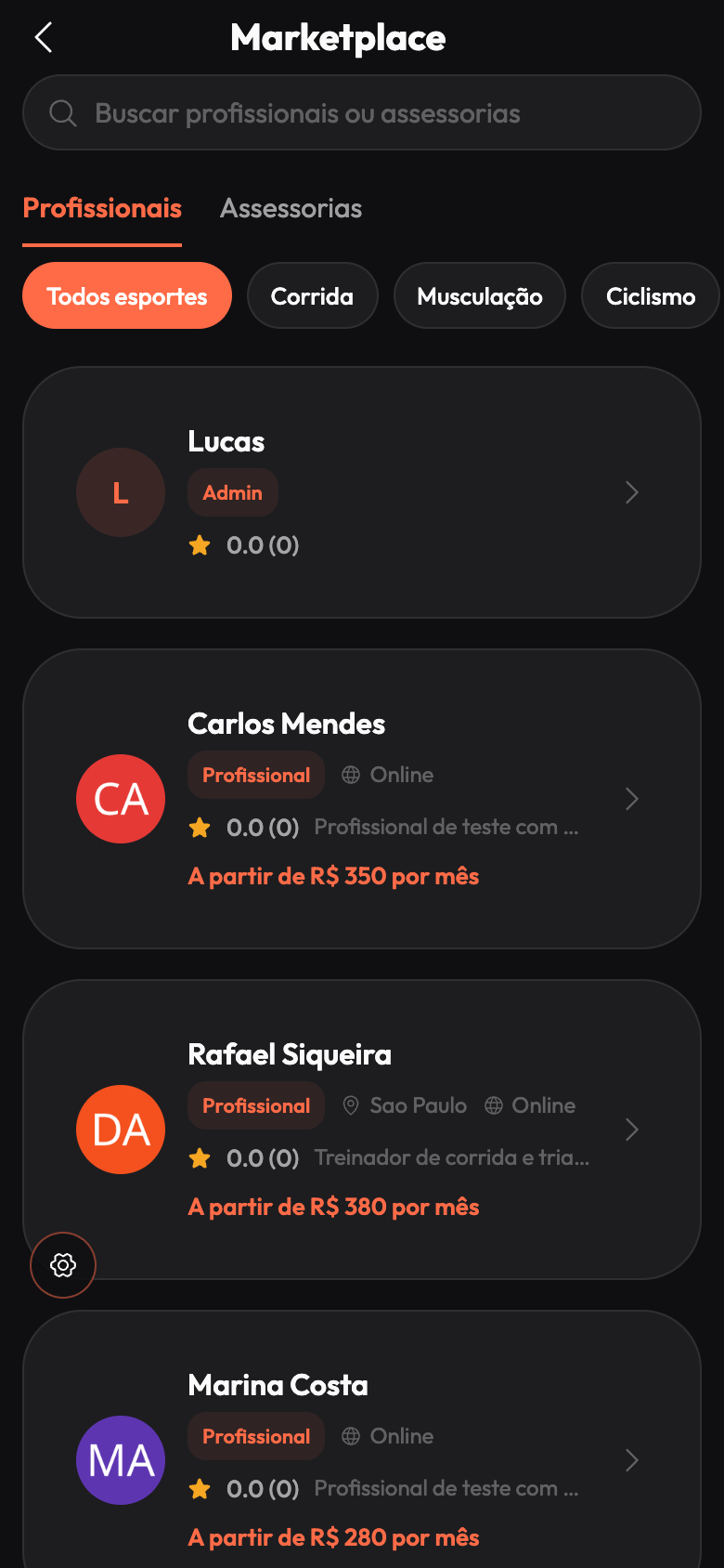Marketplace do Darwin listando profissionais com preço a partir de R$280, R$350 e R$380 por mês