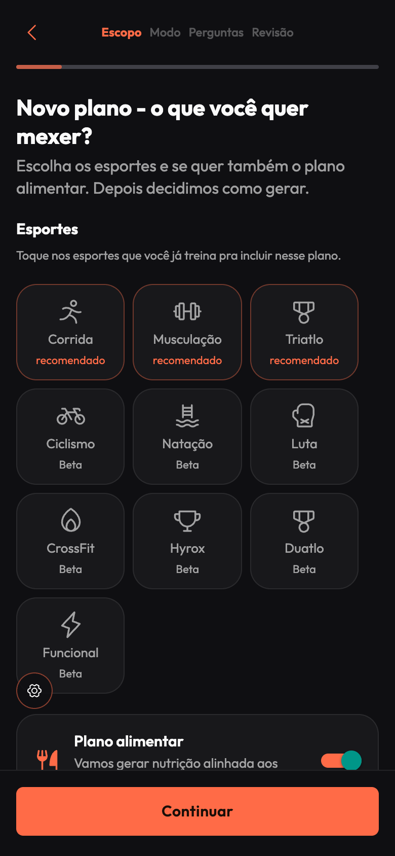 Etapa Escopo do wizard de novo plano do Darwin, com as 10 modalidades disponíveis
